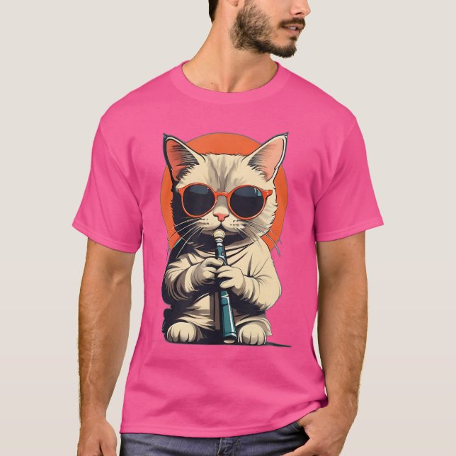 Katt, solglasögon, som spelar upp flute, Cute Ca T Shirt (Framsida)