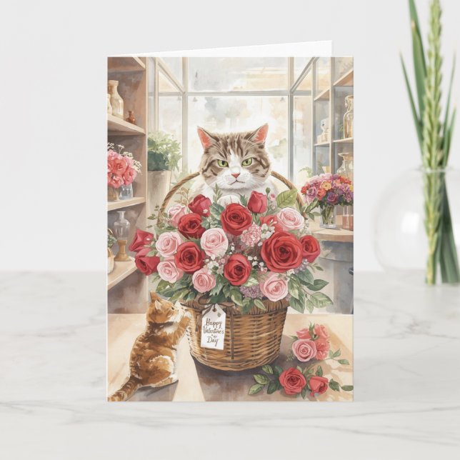 Katt som arrangerar blomster rosor korg Alla hjärt Kort (Framsida)