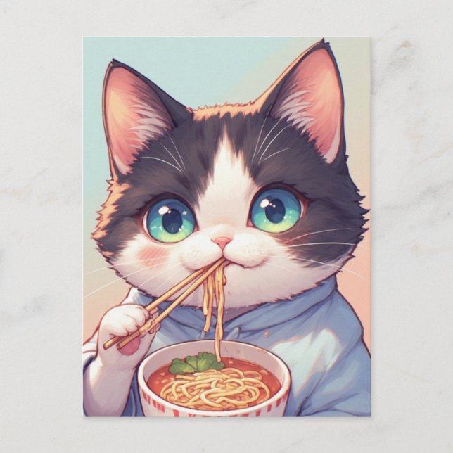 KATT SOM ÄTER RAMEN NUDLAR VYKORT (Framsida)