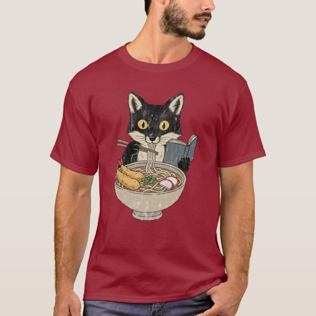 Katt som äter Ramen och läser bok T Shirt (Framsida)