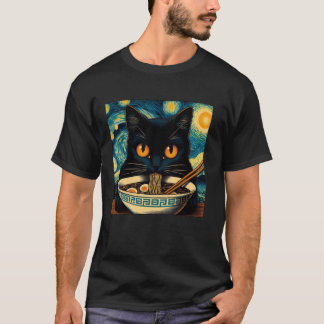 Katt som äter Ramen, Stjärnklar natt Van Gogh, kat T Shirt