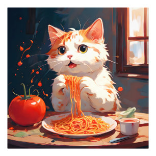 Katt som äter spaghetti fototryck