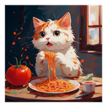 Katt som äter spaghetti