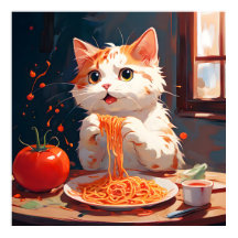 Katt som äter spaghetti