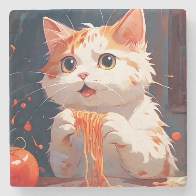 Katt som äter spaghetti stenunderlägg (Framsidan)