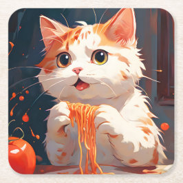 Katt som äter spaghetti underlägg papper kvadrat