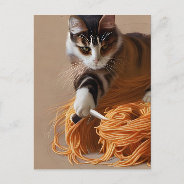 Katt som äter Spaghetti vykort (Framsida)