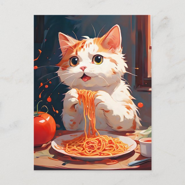 Katt som äter spaghetti vykort (Framsida)