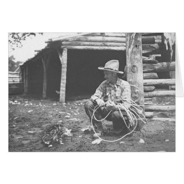 Katt som äter ut ur en kaffecan med en hälsningskort (Framsidan Horizontal)