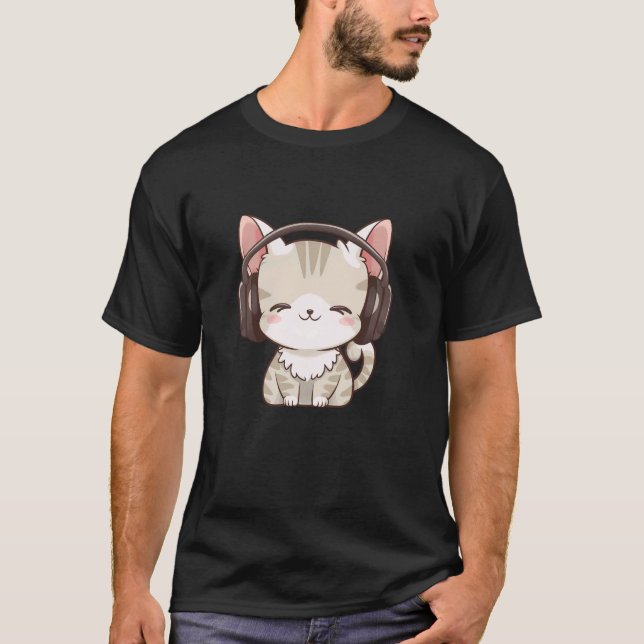Katt som bär hörlurar t shirt (Framsida)