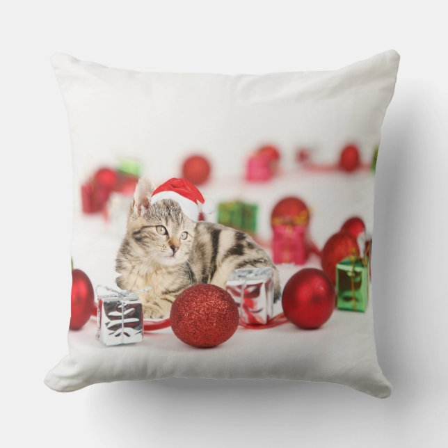 Katt som bär röd tomteluva jul kudde (Framsida)