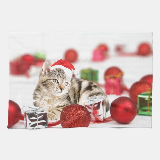 Katt som bär röd tomteluva julgransprydnad kökshandduk (Horisontell)
