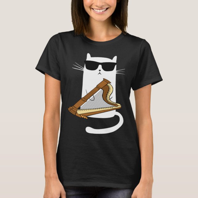 Katt som bär solglasögon spelar harpa t shirt (Framsida)