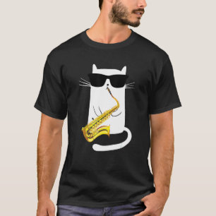 Katt som bär solglasögon spelar saxofon t shirt