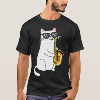 Katt som bär solglasögon spelar saxofon t shirt