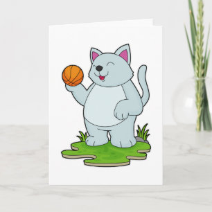 Katt som basketspelare med basketboll kort