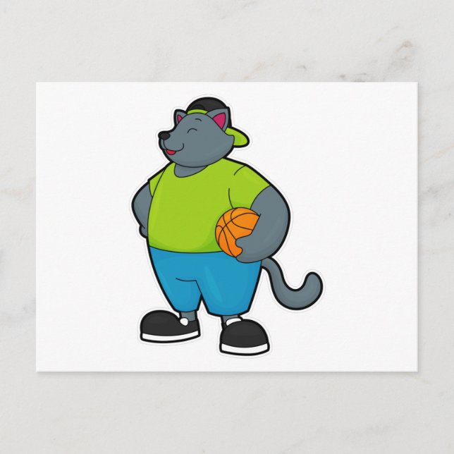 Katt som basketspelare med basketboll vykort (Framsida)