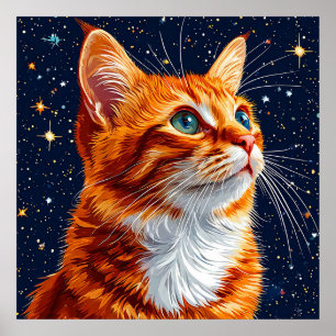 Katt som betraktar en stjärnklar kosmisk natthimme poster