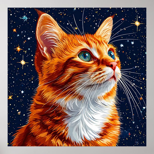Katt som betraktar en stjärnklar kosmisk natthimme poster (Framsidan)