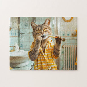 Katt som borstar tänder i randiga pyjamas i badrum pussel