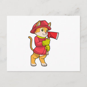 Katt som brandman med yxa vykort