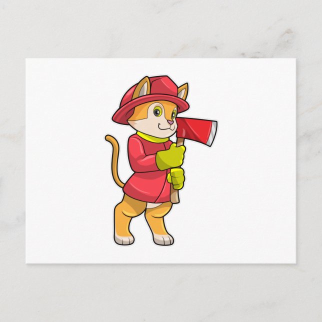 Katt som brandman med yxa vykort (Framsida)