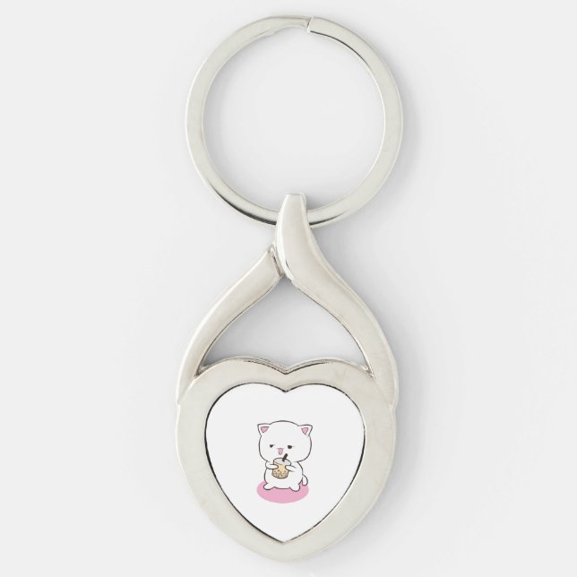 Katt som dricker Boba mjölk Twisted Heart Silverfärgad Nyckelring (Framsidan)