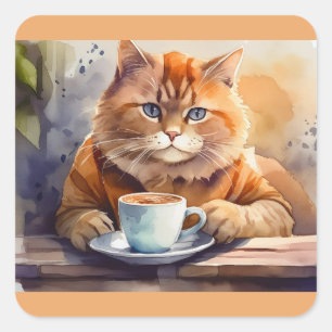 Katt som dricker Kaffekvadratfästare Fyrkantigt Klistermärke