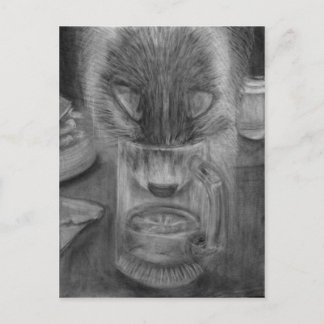 Katt som dricker Vatten Cute Original Charcol Teck Vykort