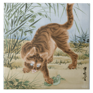 Katt som fångar A Frog Kakelplatta