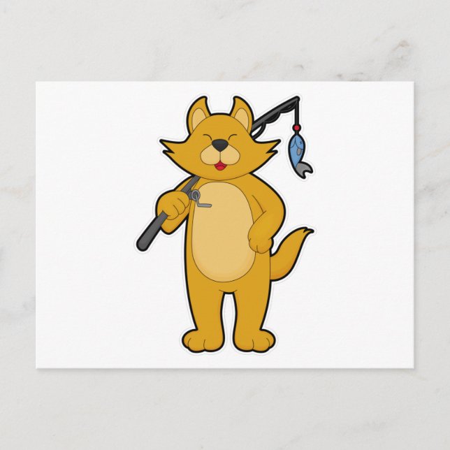 Katt som fiskar med fiskespö & fisk vykort (Framsida)
