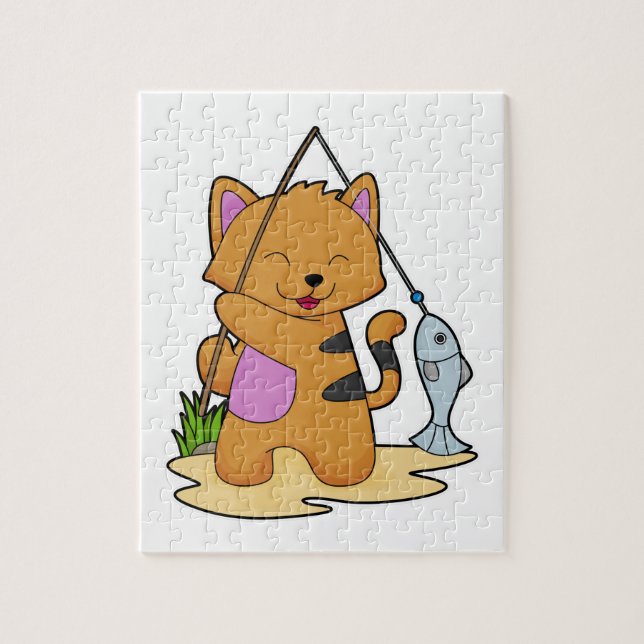 Katt som fiskare med fiskstav och fisk pussel (Vertikal)