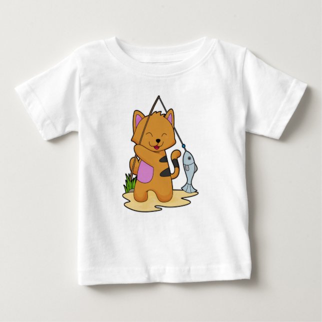 Katt som fiskare med fiskstav och fisk t shirt (Framsida)
