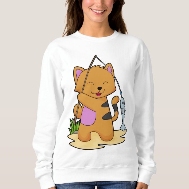 Katt som fiskare med fiskstav och fisk t shirt (Framsida)
