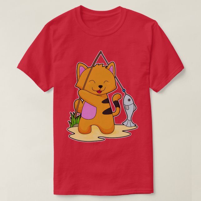 Katt som fiskare med fiskstråd t shirt (Design framsida)