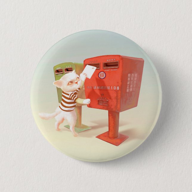 Katt som försöker placera ett vykort i postlådan knapp (Framsida)