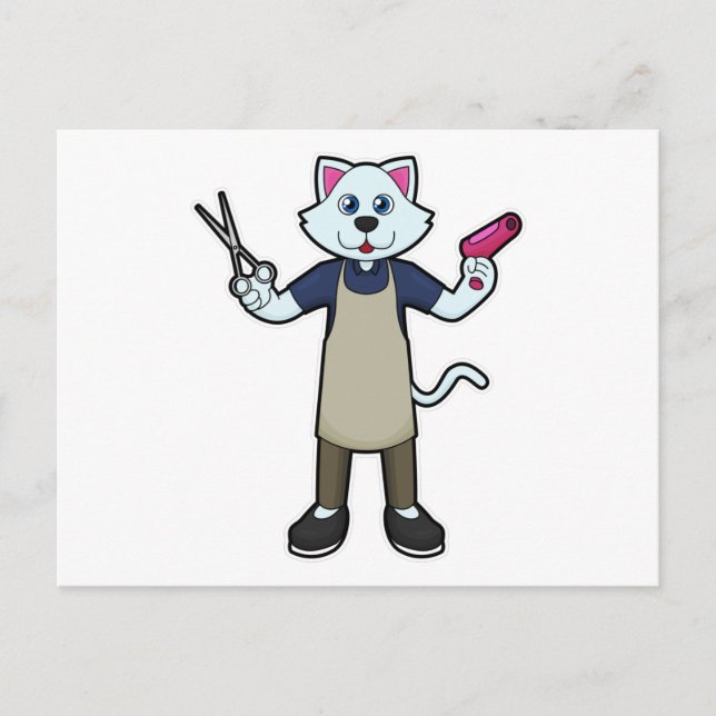 Katt som frisör med sax & hårtork vykort (Framsida)