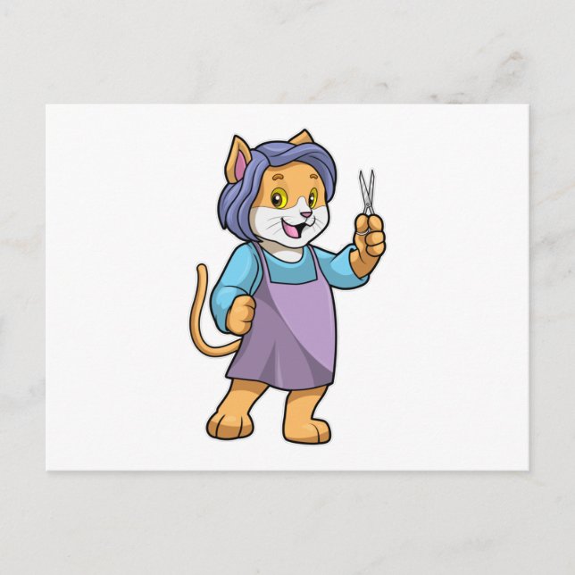 Katt som frisör med sax vykort (Framsida)
