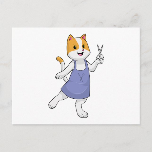 Katt som frisör med sax vykort (Framsida)