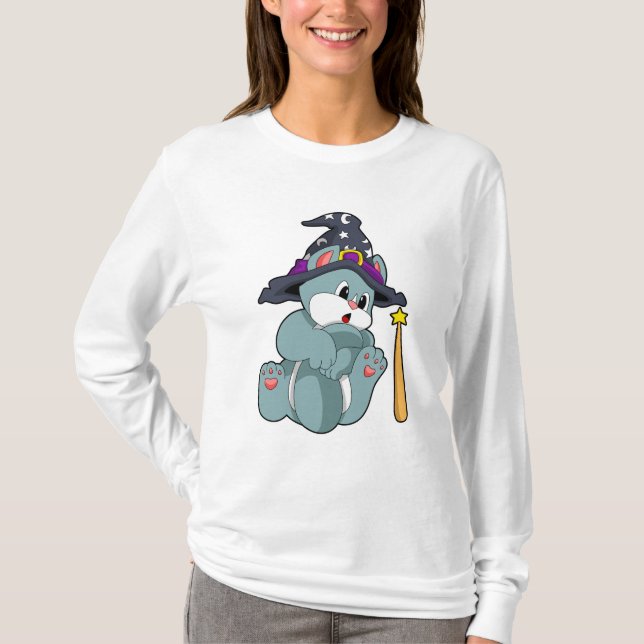 Katt som guide med magiskt trollspö och hög t shirt (Framsida)