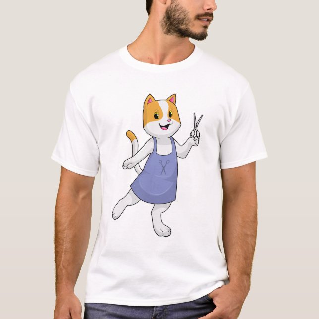 Katt som Hair-stilist med sax T Shirt (Framsida)