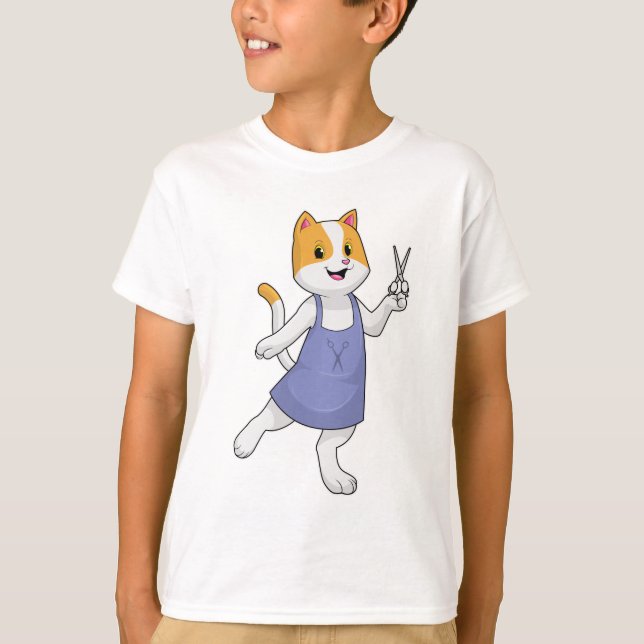 Katt som Hair-stilist med sax T Shirt (Framsida)