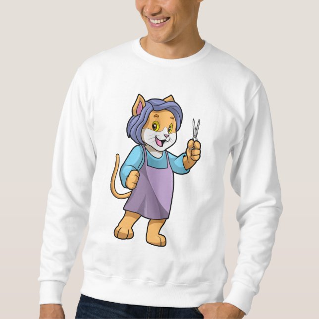 Katt som Hairdresser med saxar Lång Ärmad Tröja (Framsida)