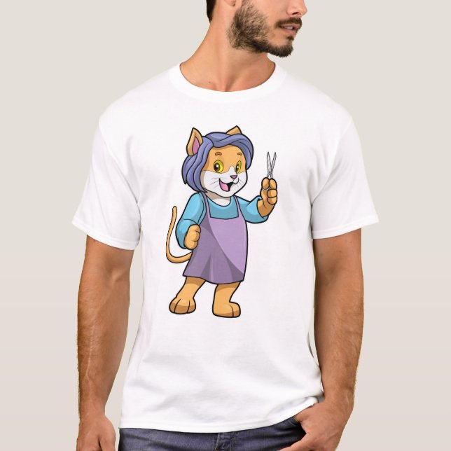 Katt som Hairdresser med saxar T Shirt (Framsida)