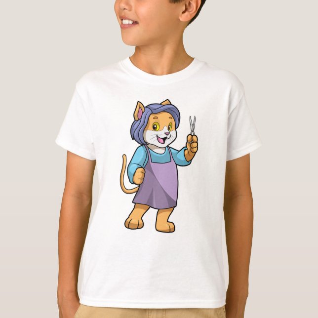 Katt som Hairdresser med saxar T Shirt (Framsida)