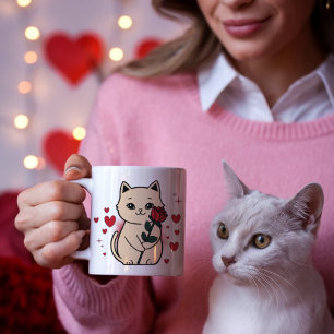 Katt som håller en ros med röda hjärtan valentine' kaffemugg