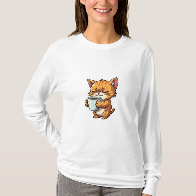 Katt som håller kaffe t shirt (Framsida)