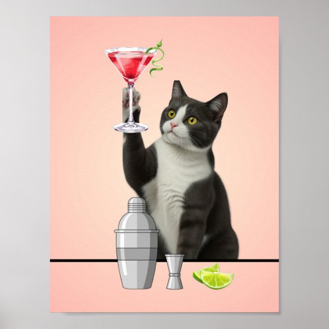 Katt som håller Pink Martini Rosa Bakgrund Konst Poster (Framsidan)