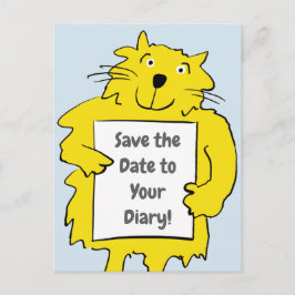 Katt som håller tavla med Spara datum i din kalend Meddelande Vykort