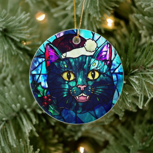Katt som jammar i glasmålning Jul Svart katt Julgransprydnad Keramik (Träd)